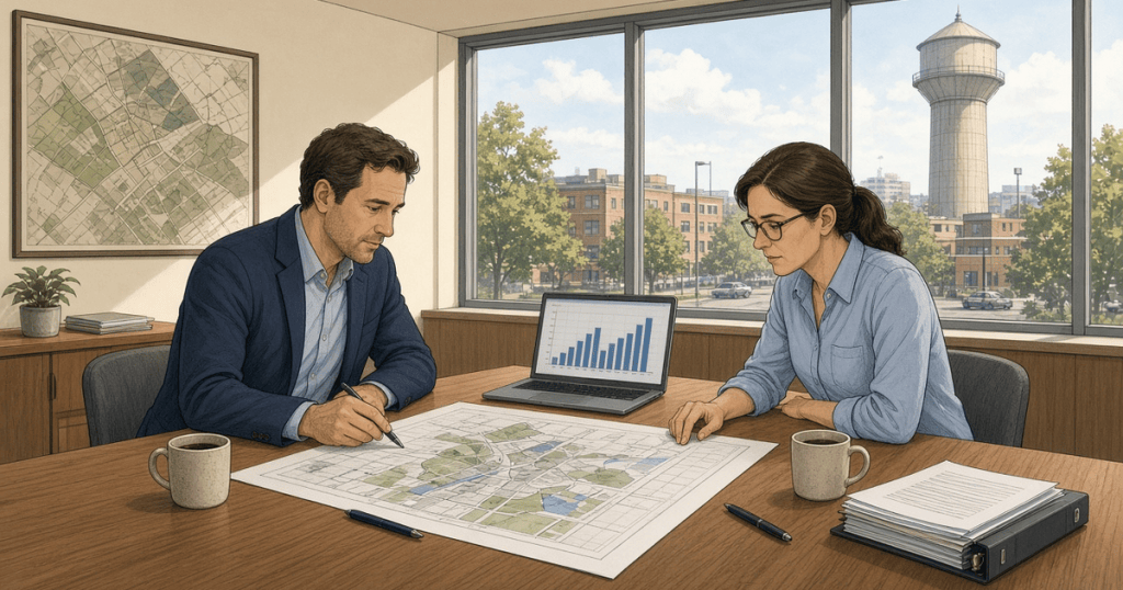 Illustrated developer and city engineer reviewing a site plan