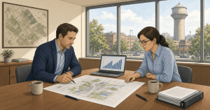Illustrated developer and city engineer reviewing a site plan