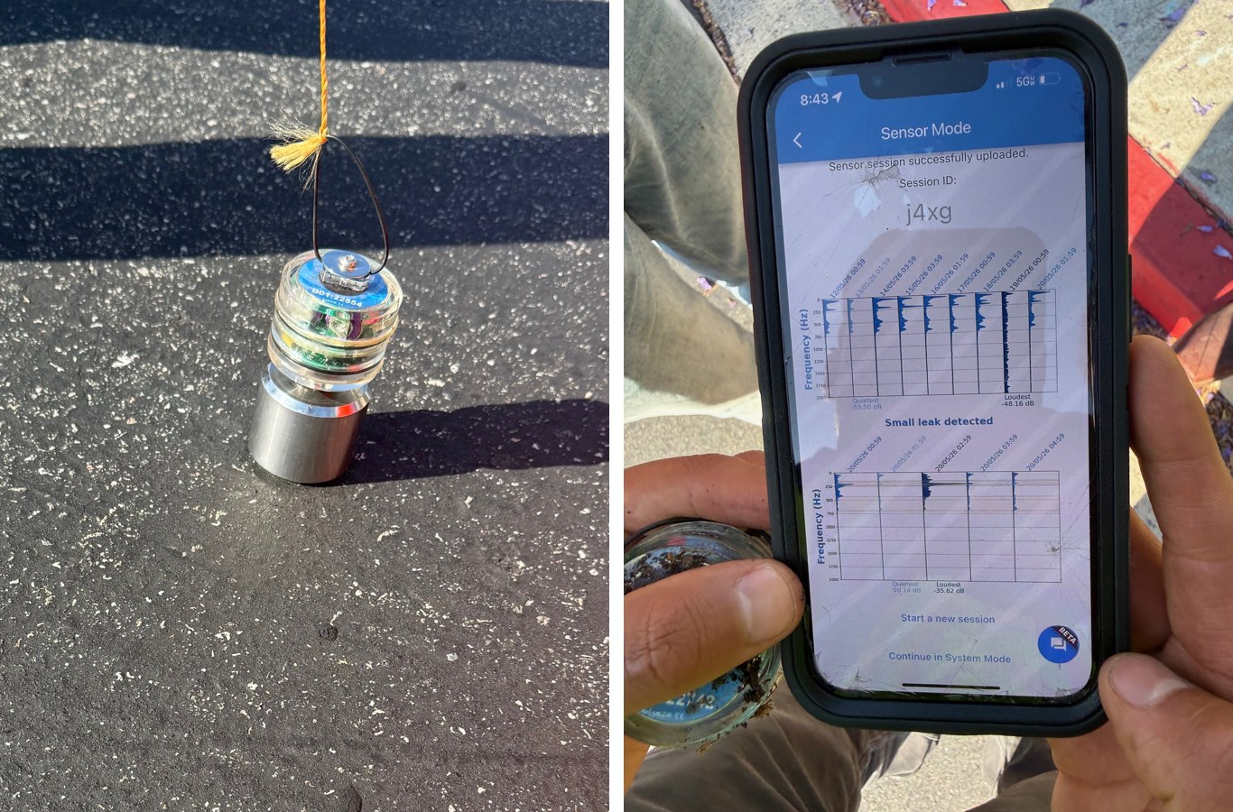 Acoustic leak sensor on a street next to a phone app showing a small leak detected